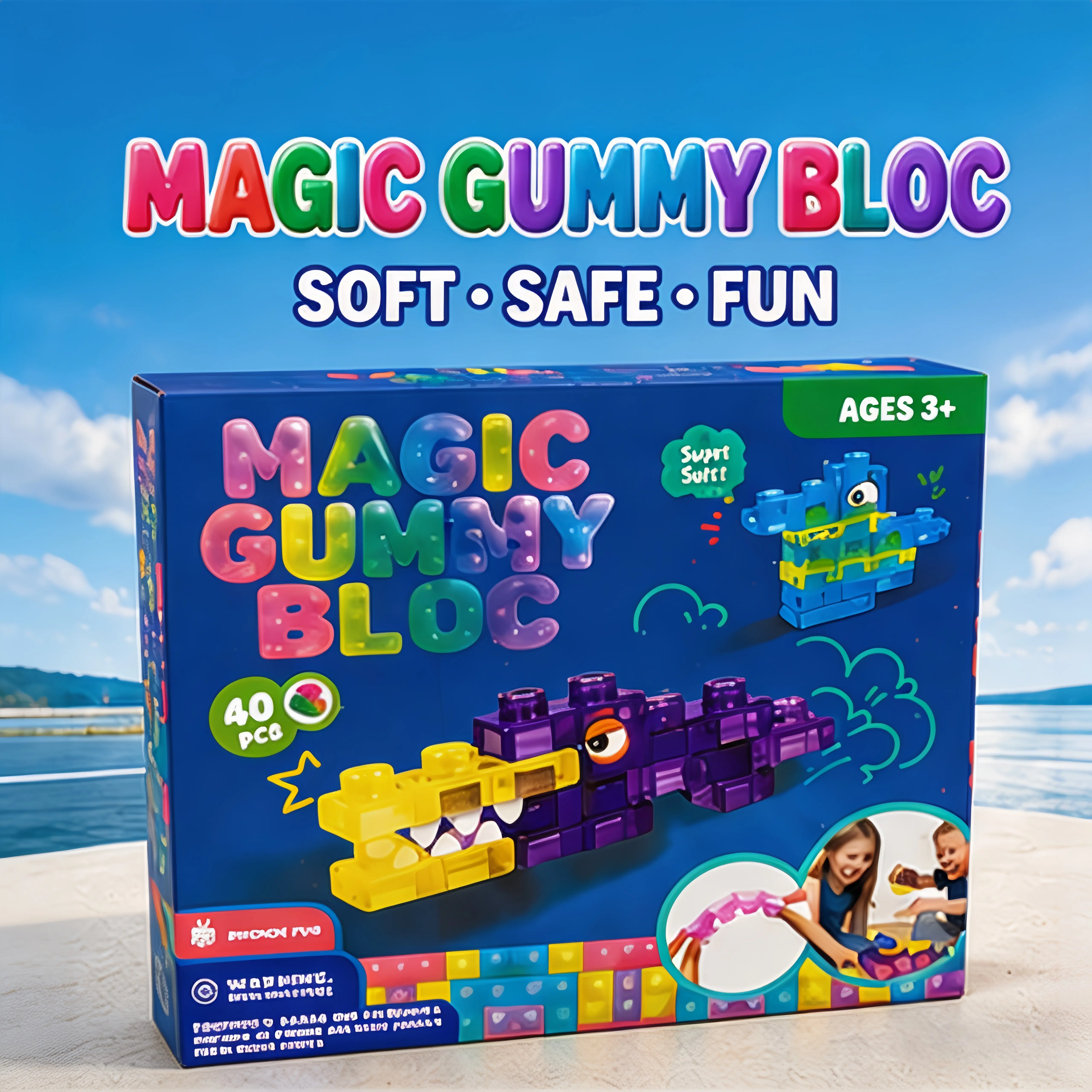 Soft Jelly Blocks Building Toy Set for Toddlers Age 3+, Multicolor Squishy, Safe, Squeezable, Stretchable Sensory Play Puzzle with Race Car Lego-Style Creative Construction & Bath Play Features