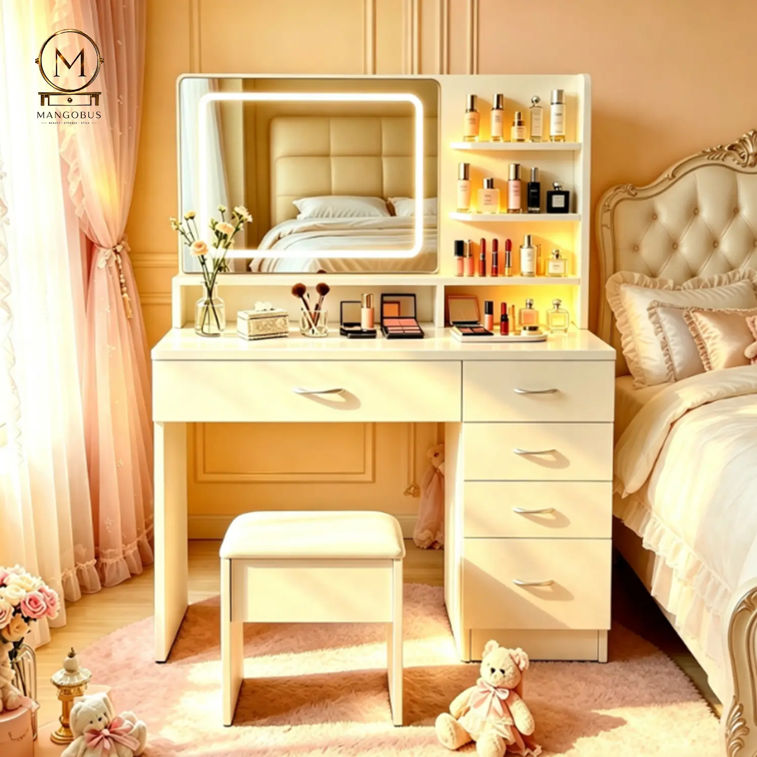 White Makeup Vanity Set with Lighted Mirror, Makeup Table, Stool and Multifunctional Storage, Ideal for Teens, Home Dressing Rooms and Bedrooms