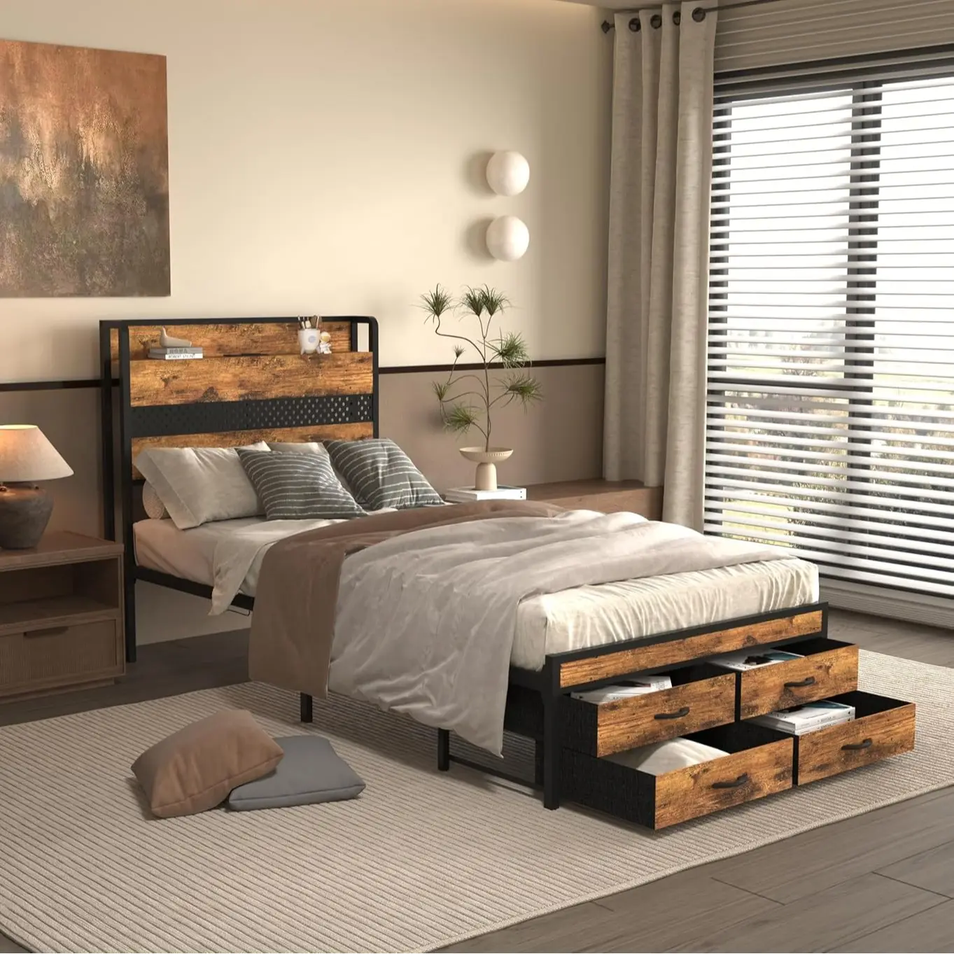 Modern Black Metal LED Twin Bed Frame - LED Light Adjustable Brightness Headboard, Rustic Brown Customizable Design, Storage Drawers, No Box Spring Needed, Durable Indoor Bedroom Furniture, 81.33 x 39.56 x 41.73 inches, 45.60 lbs, Assembly Required