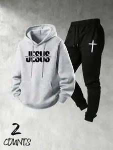 Vintage Christ Aesthetic Hoodie Set, Loose Fit Pullover with Jesus Lettering, Cross Decorated Sweatpants, Casual Fall & Winter