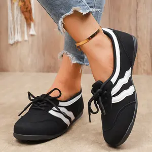 Women's Fashion Lace Up Flats Comfortable Wavy Stripe Casual Trainers Breathable Lightweight Walking Shoes for Travel Outdoor All Year Round
