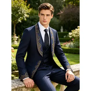 Men's Navy Rhinestone Shawl Lapel 4-Piece Suit Set with Black Tie