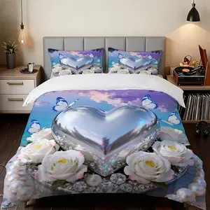 2/3 Pcs Heart Lake Flower Butterfly Sparkling Deep Affection Ultra-High-Definition Digital Printed Quilt Cover Set(1* Quilt Cover+1/2* Pillowcase,No Inner Core),100% Polyester Fiber,Suitable For All Seasons,Machine Washable,Perfect Gift For Family