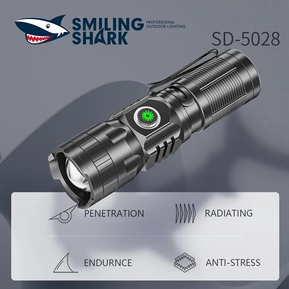 smilingshark LED Flashlight SD-5028, Compact Aluminum Alloy Light with Metal Clip, USB Rechargeable 600mAh Battery for Outdoor Camping and Emergency