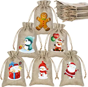 24 Pack Christmas Jute Burlap Bags, Christmas Drawstring Gift Bags for Xmas Presents Holiday Party Favor Treats Candy, 6 Designs ARTLYMERS