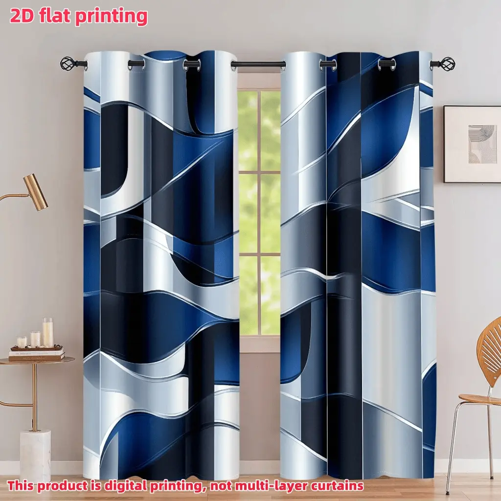 2D Flat 2Pcs Abstract Blue Wavy Stripe Pattern Curtains for Home Decor, Polyester Curtain, Modern Geometric Art Window Drapes with Grommet Top, Home Decoration Accessories