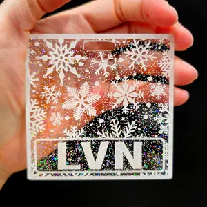 Clear Glitter Snowflake Badge Buddy - Laser Engraved - Holographic Glitter - 1/8 in thick acrylic - Snowflake Design - Personalize with your name or job title