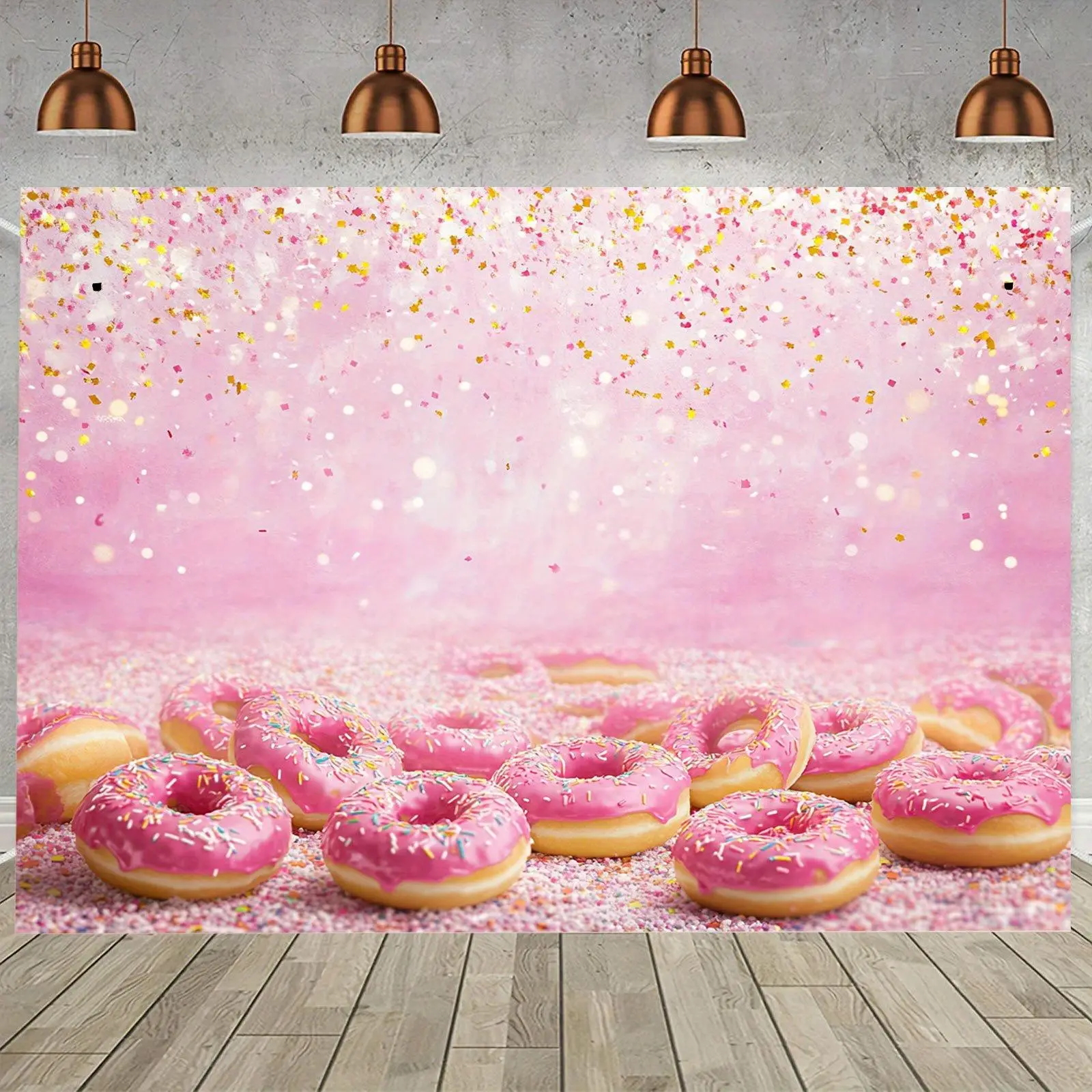 Polyester Party Banner with Sweet Playful Treats Print - Vibrant Pink Donut & Sprinkle Backdrop, Stainresist Modern Textile Decor, All Seasons Indoor Use for Birthdays, No Electricity Needed