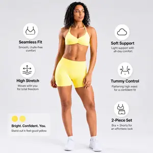DFYNE Women’s Halter Sports Bra & Butt Lifting Leggings Set, Seamless Yoga Workout Outfit, Slim Fit Gym Fitness Activewear Set dynamic