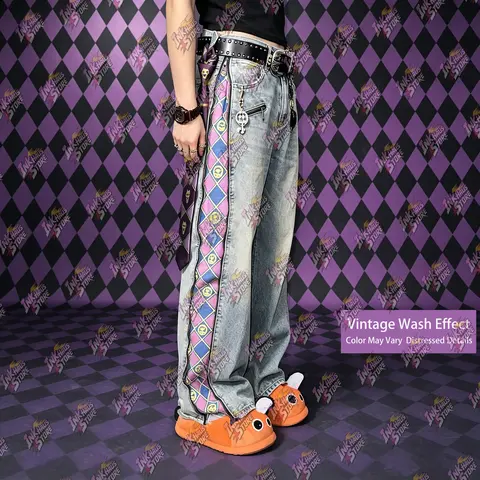 Inkhausstore-Inkvaultarchive Zipper Aicd wash Jeans JJBA Collaboration – Casual Denim Trousers with Zipper & Plaid Details; Distressed, Slightly Stretch Brunoy, Floor-Length Fit.Streetwear Stylish.Unisex Anime merch.OOTD Fashion.