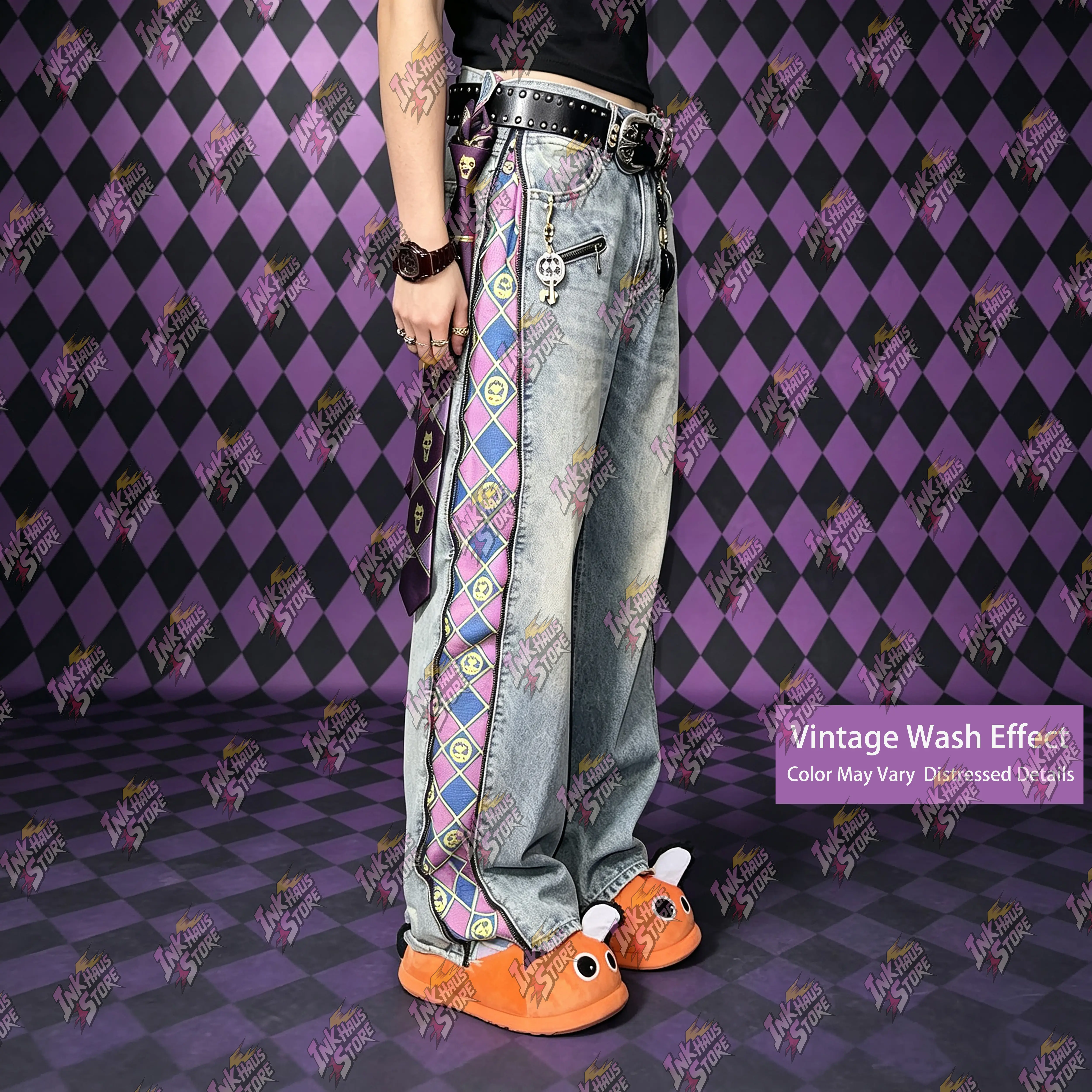 Inkhausstore-Inkvaultarchive Zipper Aicd wash Jeans JJBA Collaboration – Casual Denim Trousers with Zipper & Plaid Details; Distressed, Slightly Stretch Brunoy, Floor-Length Fit.Streetwear Stylish.Unisex Anime merch.OOTD Fashion.