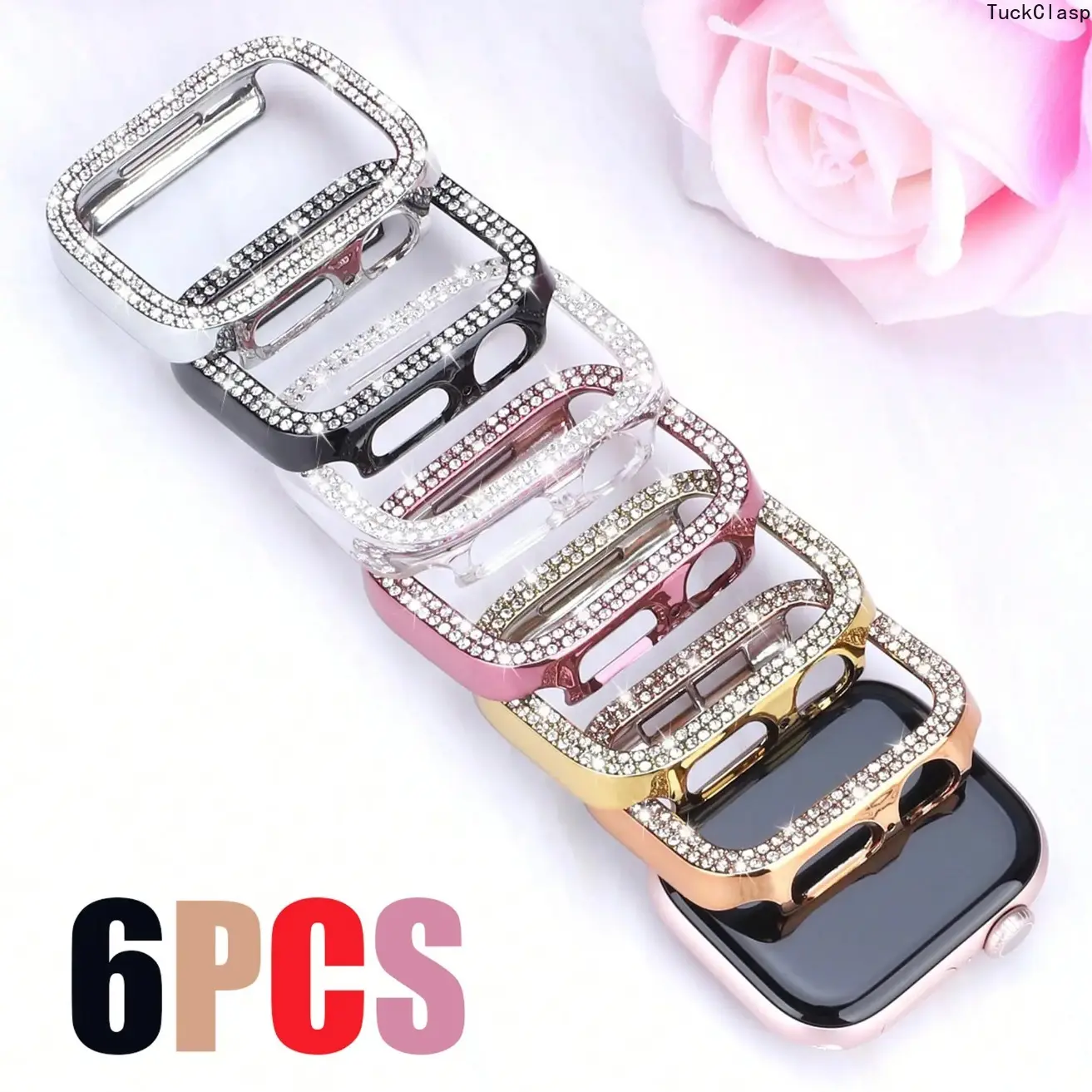 6-Pack Dual Row Sparkling Diamond Case Cover for Apple Watch – Anti-Slip & Scratch Resistant, Hollow-OutProtective Cover. Fits Series 4–11/SE & 40–46mm, Great for Summer Rotation