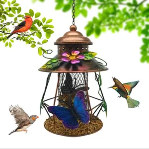 Outdoor Hanging Bird Feeder with Butterfly Flower Decor, Iron Art Decoration, Suitable for Bluebirds, Cardinals, Finches, Sparrows, Jays