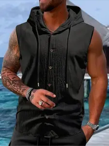 Men's Front Button Linen Hooded Sleeveless Vest Gilet, Urban Casual Style, Loose Breathable Open Cardigan, Tropical Summer Vacation Wear, Daily Wear