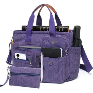 2Pcs/ Set Corduroy Women's Tote Bag,  Casual Slouchy Crossbody Hobo Shoulder Messenger with Zipper, Large Capacity, Multi Pockets, Fits 13″ Laptop, Work School College Travel Shopping, Lightweight Cross Body Purse Handbag EverydayBag Bags, Teacher Nurse