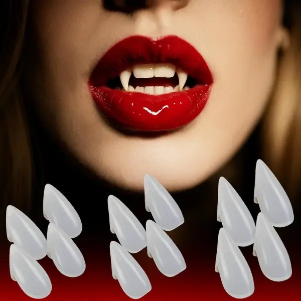2 Pairs Vampire Fangs Fake Teeth Kit 4Pcs Multi Size Cosplay Denture With Teeth Glue Pellets Tweezers Halloween Zombie Werewolf Costume Makeup Prop For Adult Teen Party Cosplay