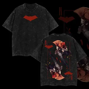 Red Hood Edition Double Printed Oversize Lightweight Acid Washed Tee Dark Vintage Super Hero Movie Design Top Cotton Streetwear - Comic Streetwear T-Shirt Clothes Menswear Womenswear Seamless Oversized Soft