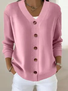 Women's Solid V-Neck Long Sleeve Cardigan Sweater, Elegant Casual Layering for Fall & Winter, Must-Have for Valentine's Day, Knitwear, Womenswear