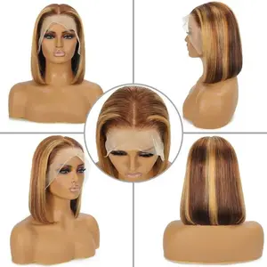 【3 colors】 CindiRiver 5x5 Glueless Short Human Hair Bob Wigs 280 Density Honey Blonde Highlight / Brown Highlight/ Natural Black Straight Bob Wigs Pre Cut Pre Plucked Pre Bleached Wear Go Wig