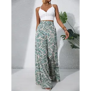Women'S Bohemian Floral Print Chiffon Wide-Leg Pants - High Waist, Elastic Waistband, Long Beach Trousers for Summer Vacation, Casual Elegant Style