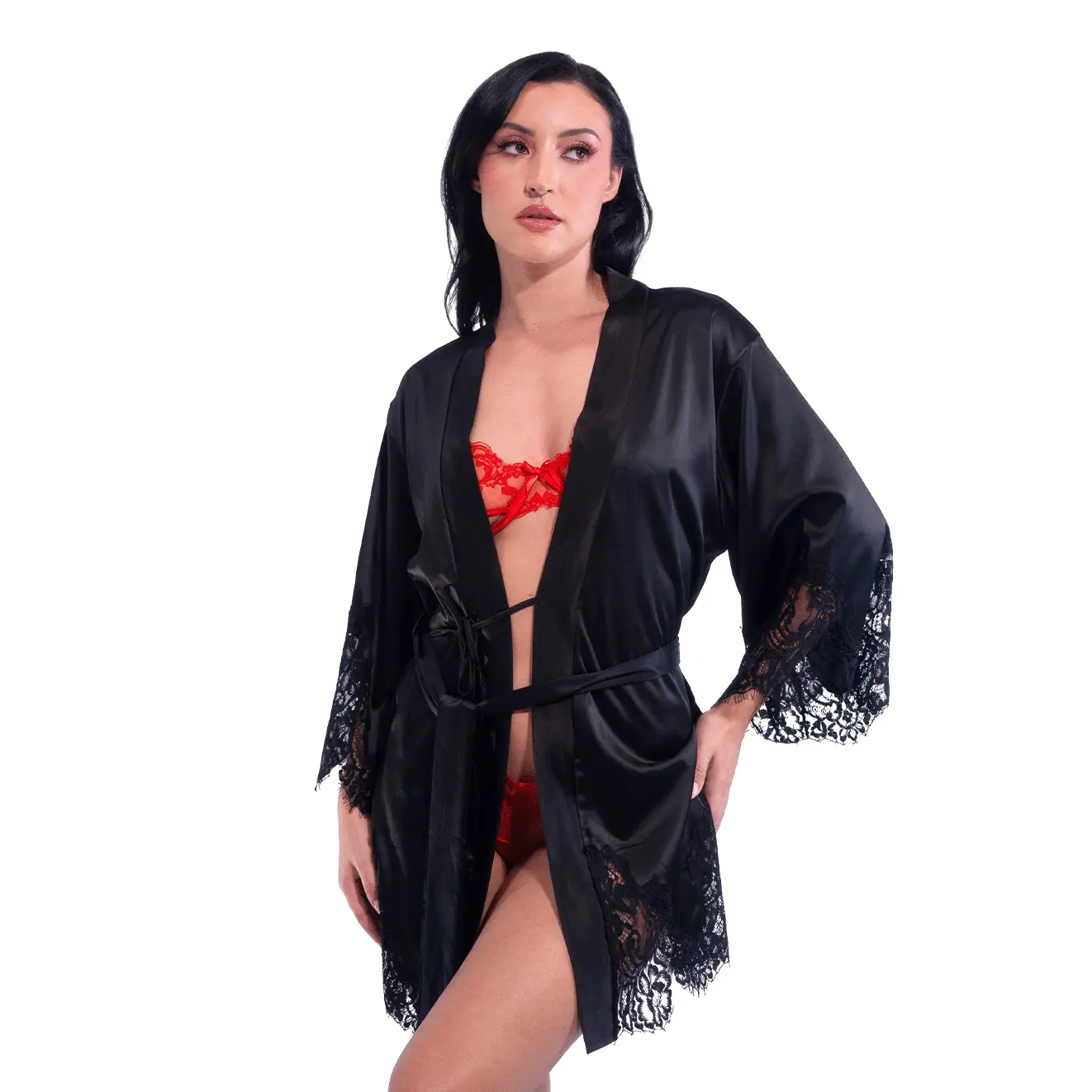Short Satin Kimono Robe w. Eyelash Lace Sleeves