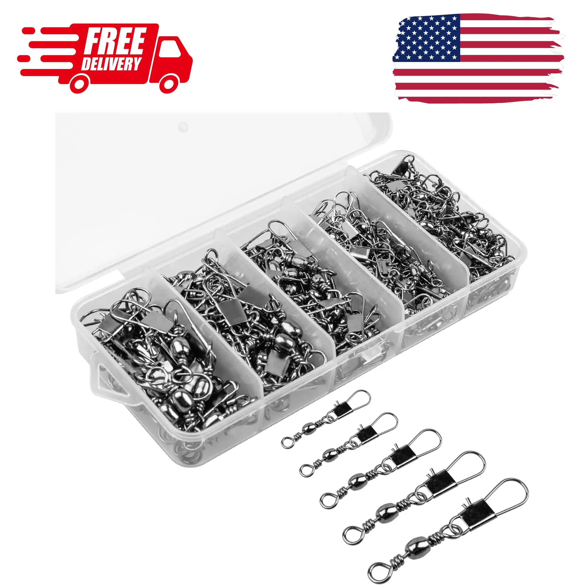 200PCS Fishing Rolling Ball Bearing Barrel Swivel with Safety Snap Connector #2#4#6#8#10