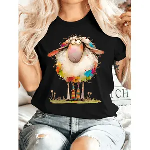 Charming Animal Design Women's Summer TShirt with Sheep Print Round Neck Short Sleeve Elegant Comfortable Versatile Fashionable Suitable for Casual and Party Outings