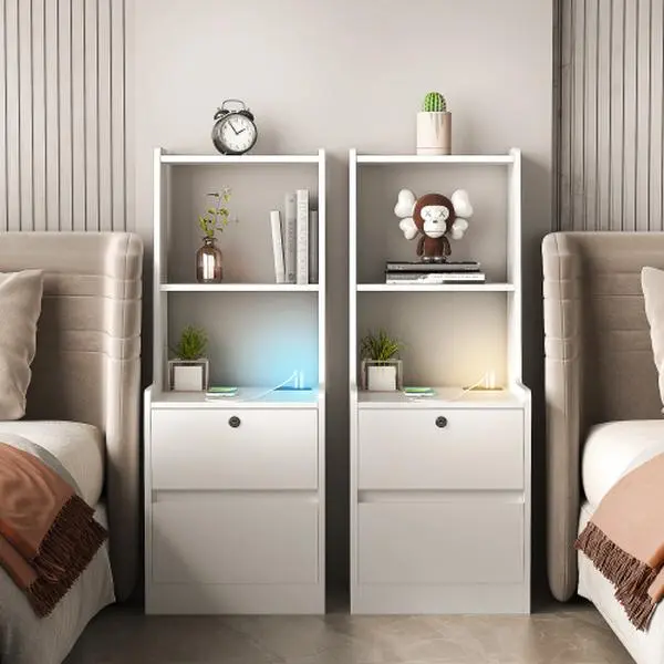 Bellemave 2-Piece Bedroom Chest of Drawers Set - Smart Bedside Table with Charging Station & Night Light, Modern Bedside Table with Bookshelf, Side Tables