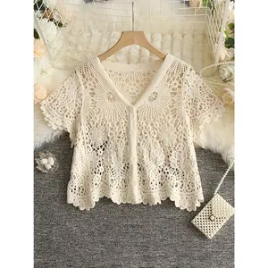 GARMENTMAKER 1pc Bohemian Style Chic Crochet Cardigan, Short Sleeve, V-Neck, Lightweight Summer Top with Intricate Lace Pattern, Summer Casual Wear, Loose Fit Clothing, Openwork Texture, Crochet Cardigan