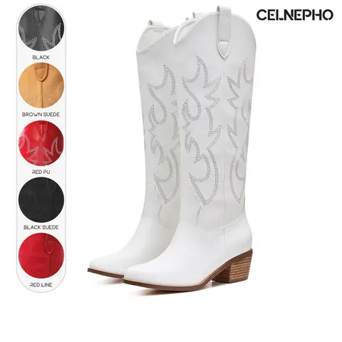CELNEPHO Womens Cowboy Boots Pointed Toe Chunky Block Heels Classic Embroidered Comfy Easy Pull on Long Tall Fashion Knee High Boot Horse Riding Party Work Casual Wear Festival Nightclub Vacation Counrty Wedding Trendy Western Cowgirl Dressy Fall Shoes