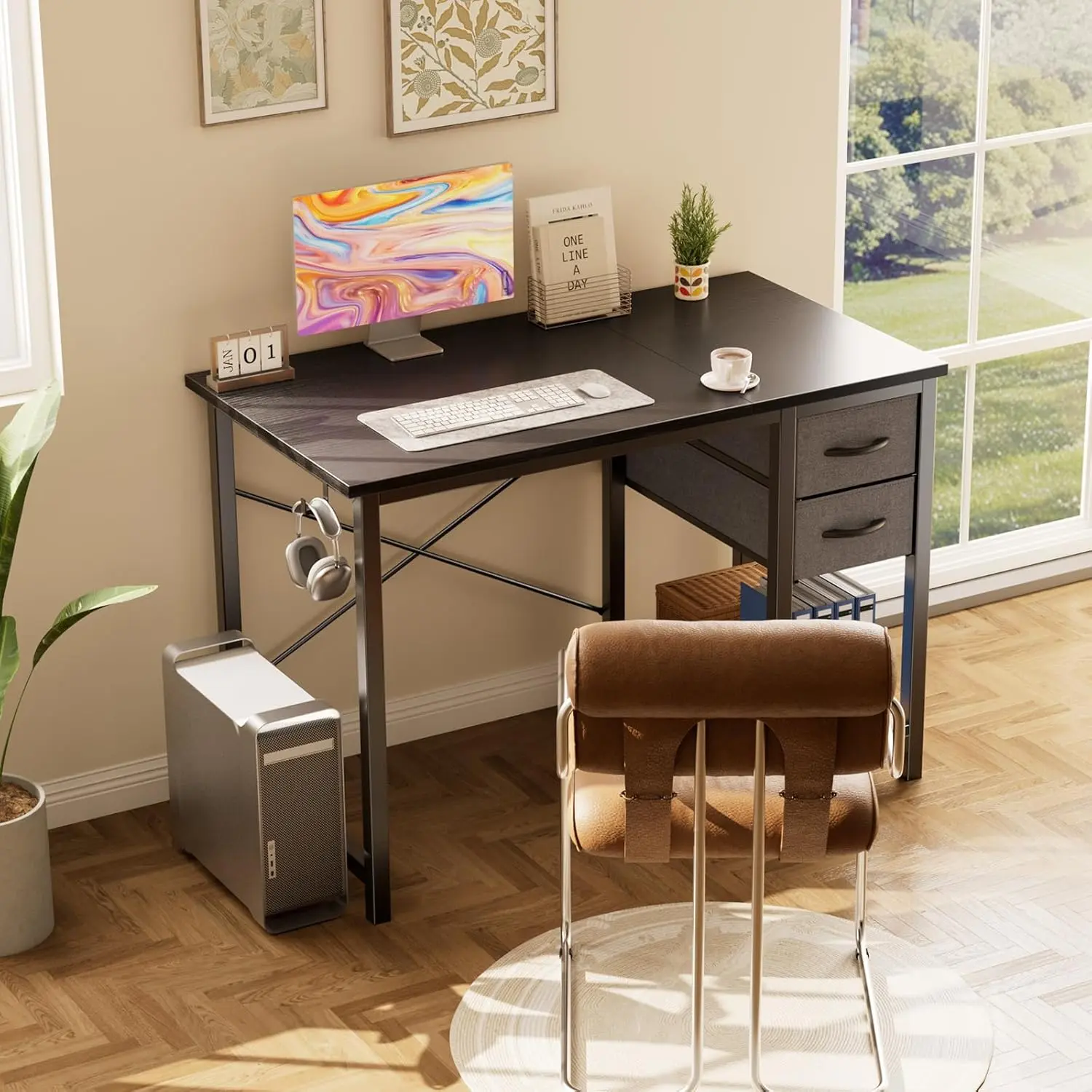 40/47 Inch Gaming Desk with Drawer, Computer Gaming Table with X-Shaped Support, Adjustable Drawer, Headphone Hooks, Sturdy Gamer Workstation for Home Office, Black/Rust Brown