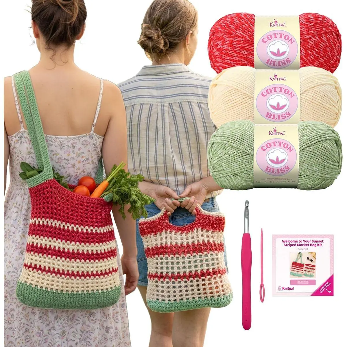 Sunset Striped Market Bag Crochet Kit for Confident Beginners – Make a Reusable Market Bag & Lunch Tote – with Cotton Bliss Yarn (#4 Worsted), Hook, Patterns & Video Tutorials