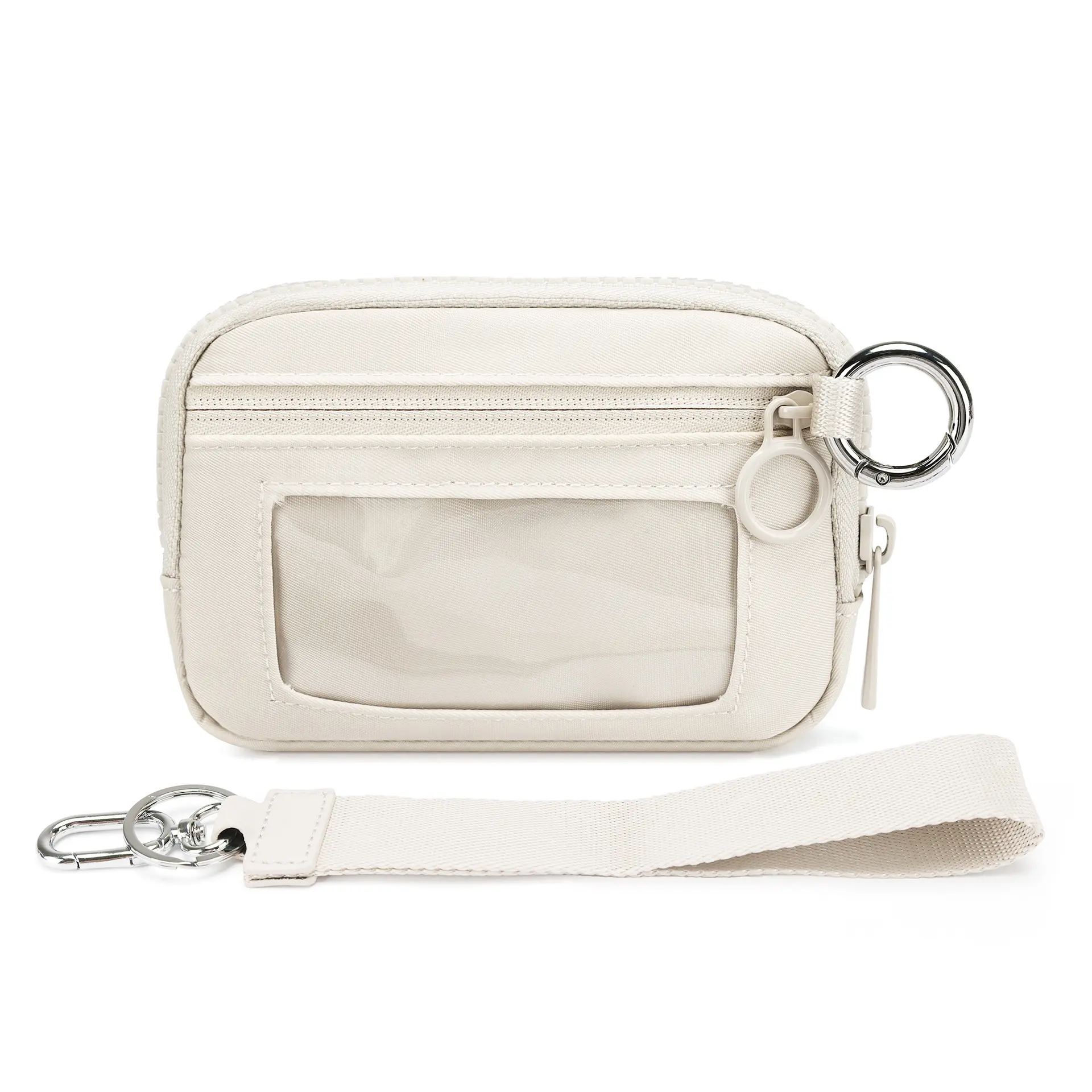 Beige Mini Zip Card Case for Women with Clear ID Window, Coin Purse, Lightweight Small Zipper Wallet,Portable Organizer