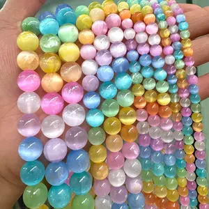 6/8/10Mm Macaron Gradient Cat'S Eye Beads, Natural Selenite Spacer Beads DIY Jewelry Making - Bracelet And Necklace Craft Materials