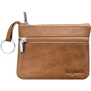 Genuine Leather Small Coin Purse Wallet With Keychain Mini Change Pouch Holder For Men Brown