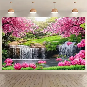 1PC,2D Flat Nature Landscape Tapestry, Cherry Blossom Waterfall & Pink Flowers Pattern, Wall Hanging for Bedroom, Living Room, Photo & Live Streaming Background, Dorm Decoration, Aesthetic Home