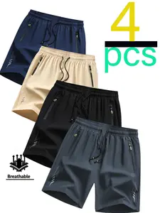 TikTok Hot Selling 4-Pack Men's Elastic Waistband Drawstring Sports Shorts - Moisture-wicking fitness shorts with side pockets, suitable for fitness, running, and casual wear, smooth fabric.