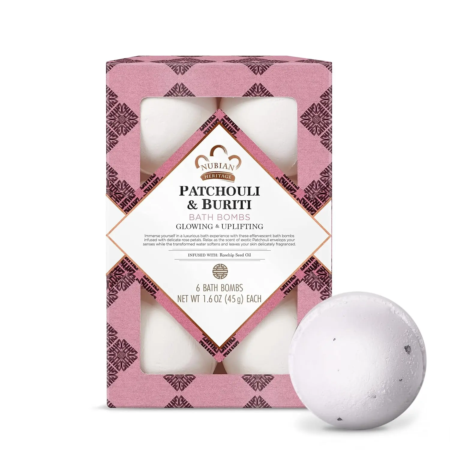 Nubian Heritage Patchouli & Buriti Bath Bombs - 6 Count Uplifting Bath and Body Products 1.6 oz Each - Glowing & Lifting Scented Bombs