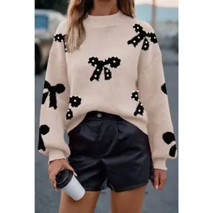 Smoke Gray Pearl Embellished Bow Pattern Loose Sweater