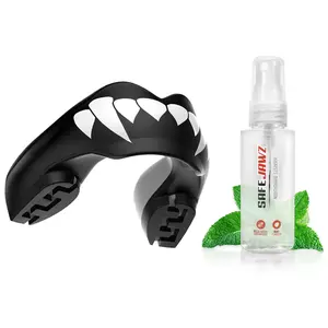 SafeJawz ORTHO Sports Mouth Guard for Braces with Case and Disinfectant Spray Bundle Kit for Basketball, Football, MMA, Hockey, Wrestling - Black Fangz