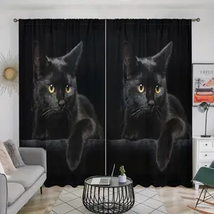 Black Cat Pattern Door Curtain, 2 Counts/set Animal Pattern Door Curtain, Home Decor for Bedroom, Living Room, Kitchen, Bathroom, Study, Window Curtain