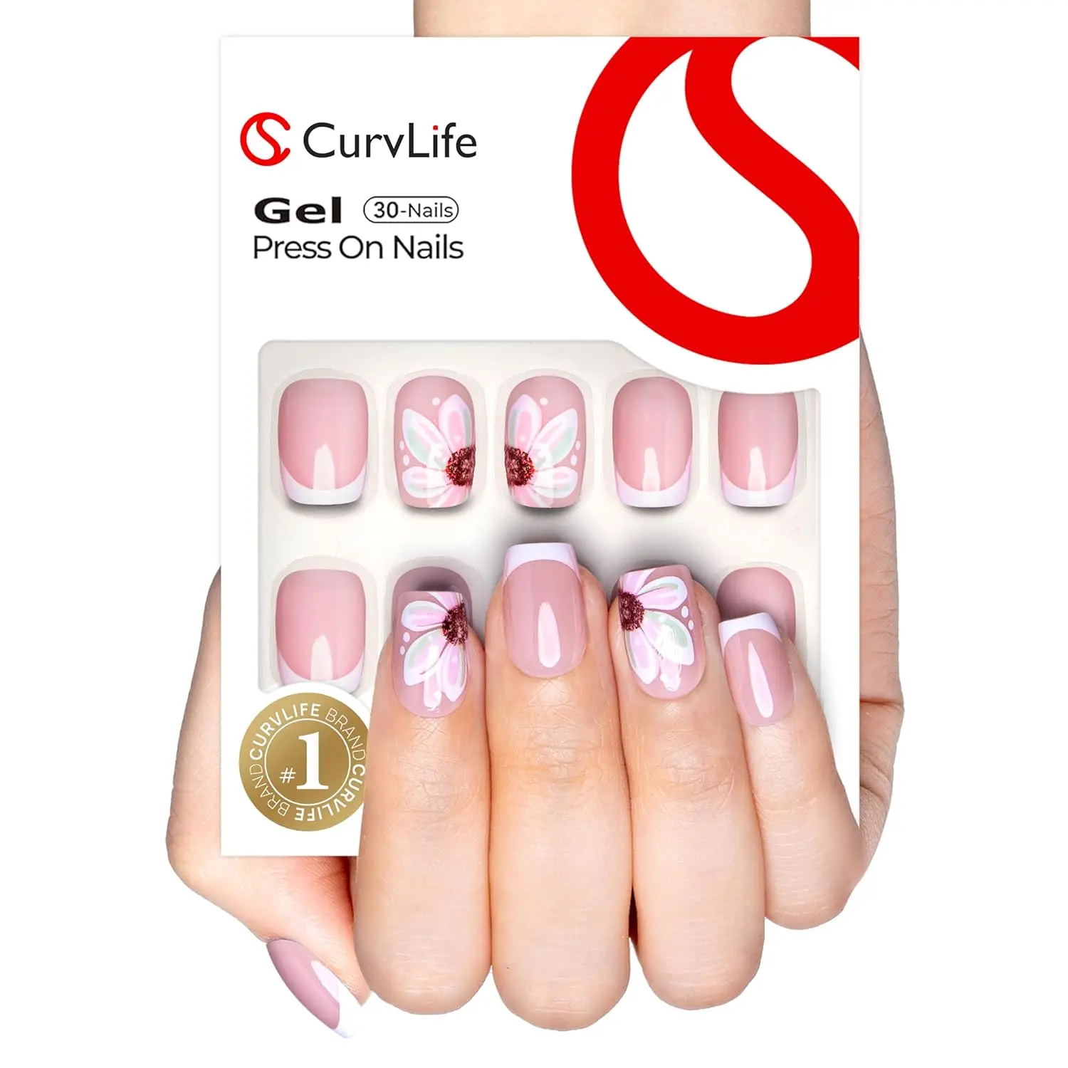 Curvlife short squoval french Press On Nails nude glossy shiny french for spring Easy Apply Nail Art