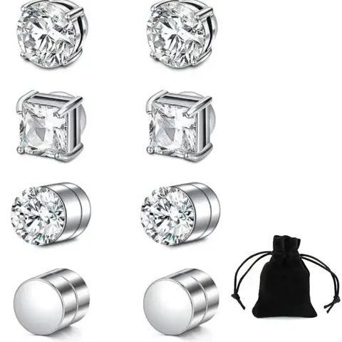 4 Pairs Stud Earrings Fake Cubic Zirconia Diamond Earrings for Women Men Silver summervibes