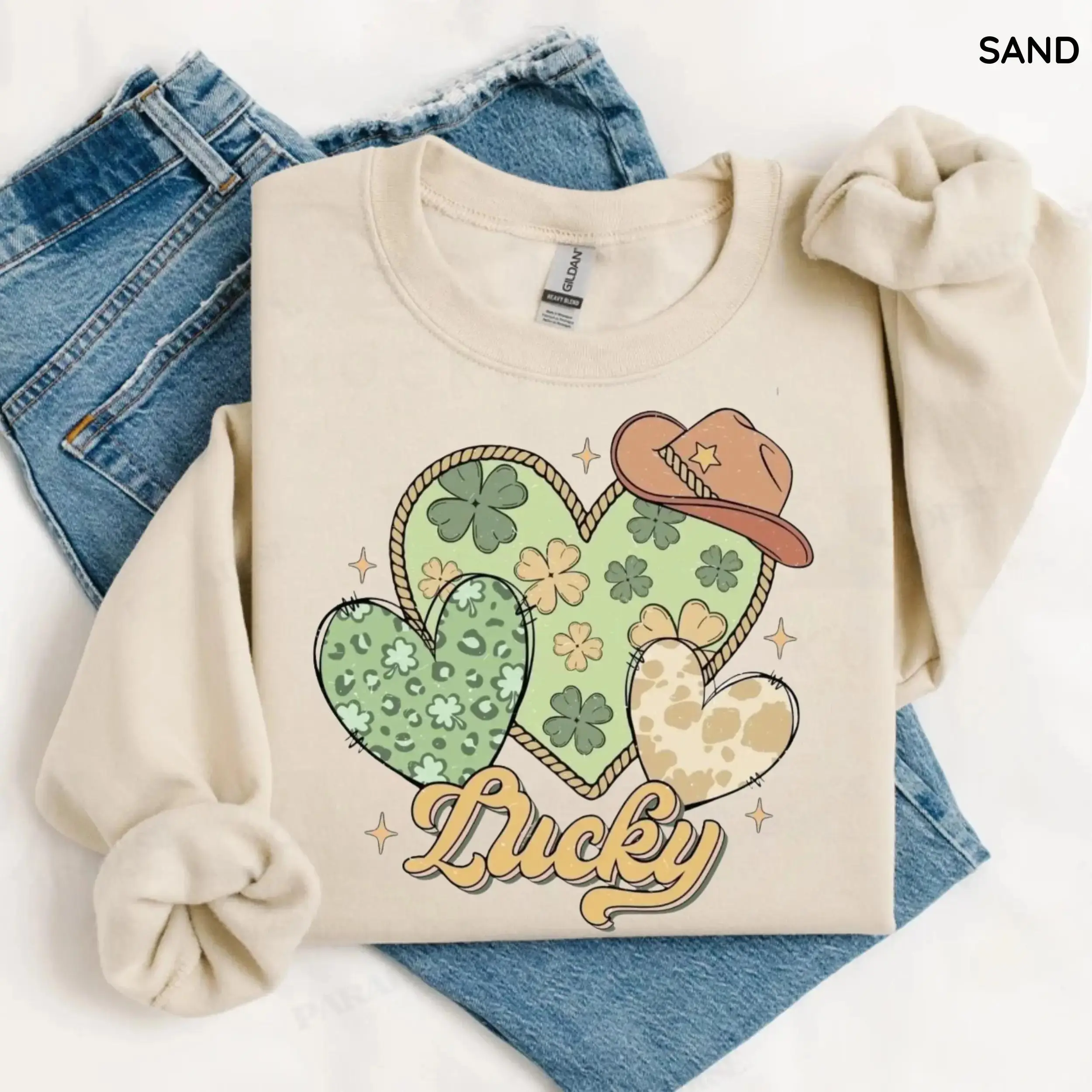Lucky Shamrock Sweatshirt, St Patrick's Day Crewneck for Women, Western Cowgirl Clover Heart Shirt, Retro Lucky Gift, Irish Country Top