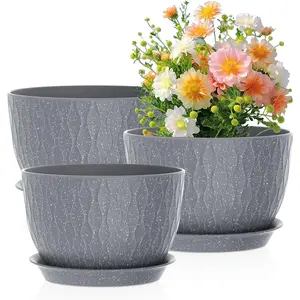 Large Flower Pots 12/10/9 inch, 3 Set Big  Pots for Outdoor Indoor  with Water Ripples, Wide Plastic Planters with Drainage Holes and Saucers for Garden House , Speckled Grey