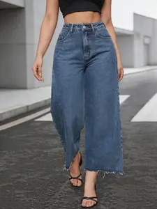 Women's Jeans, Denim, Casual Fashion, Frayed Hem, Comfortable Fabric, Ideal for Daily Wear, Four-Season Essential, Loose Fit, High Waist