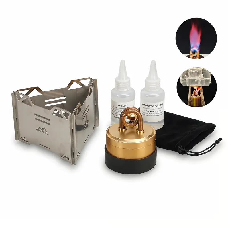 Alcohol Camping Stove - Compact Portable Stainless Alum.-Aluminium Vaporizer Burner, Fast Heating, Auto Flameout Safety, Manual Ignition, No Scratches or Defects, Fuel Versatile Outdoor Camping Supplies for Hiking Backpacking