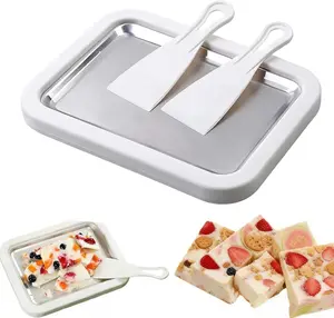 Homemade Rolled Ice Cream Maker, Rolled Ice Cream Maker Kit, DIY Ice Cream Roll Tray with 2 Scrapers, No Electricity Required, Stainless Steel Freezing Plate for Rolled Ice Cream, Frozen Yogurt, Sorbet (White)