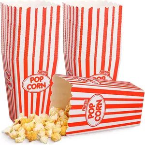 100 Pack Popcorn Box Bulk Red White Stripe Paper Popcorn Buckets Container Bag Disposable Oil Proof Classic  Retro Open Top Holders for Carnival Party Movie Night Theater Halloween Snack