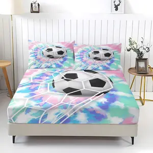 Football Pattern Fitted Sheet Set Queen Size, 3Pcs Colorful Soccer Ball Planet Bedding Set for Boys Teens,Sports Theme Bed Sheet Set for Bedroom Decor, 1 Fitted Sheet + 2 Pillowcases